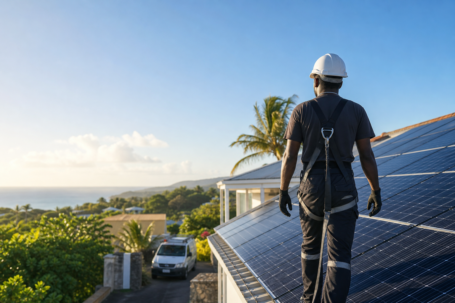 Technicien solaire sécurisé sur une toiture en Guadeloupe